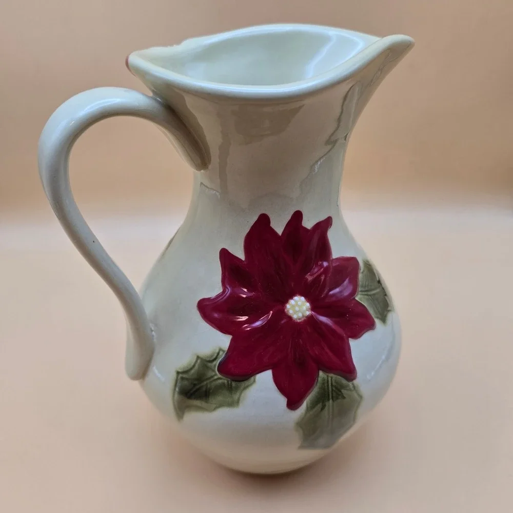 Christmas Poinsettia Ceramic Pitcher Red Green‎ Holiday Floral Serving Vase 8.5